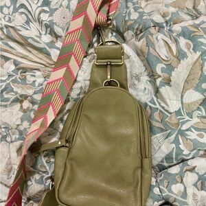 Anthropologie Olive Green Crossbody Bag with Pink Strap(Faux Leather)